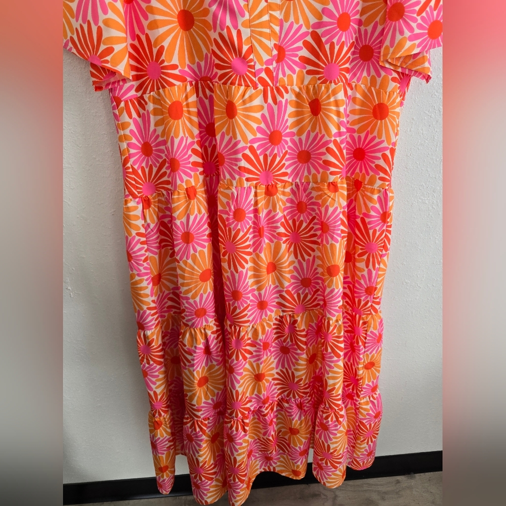 SSYS the label The Short Sleeve Emery Midi Dress in Pink Orange Daisy XL - Picture 6 of 11